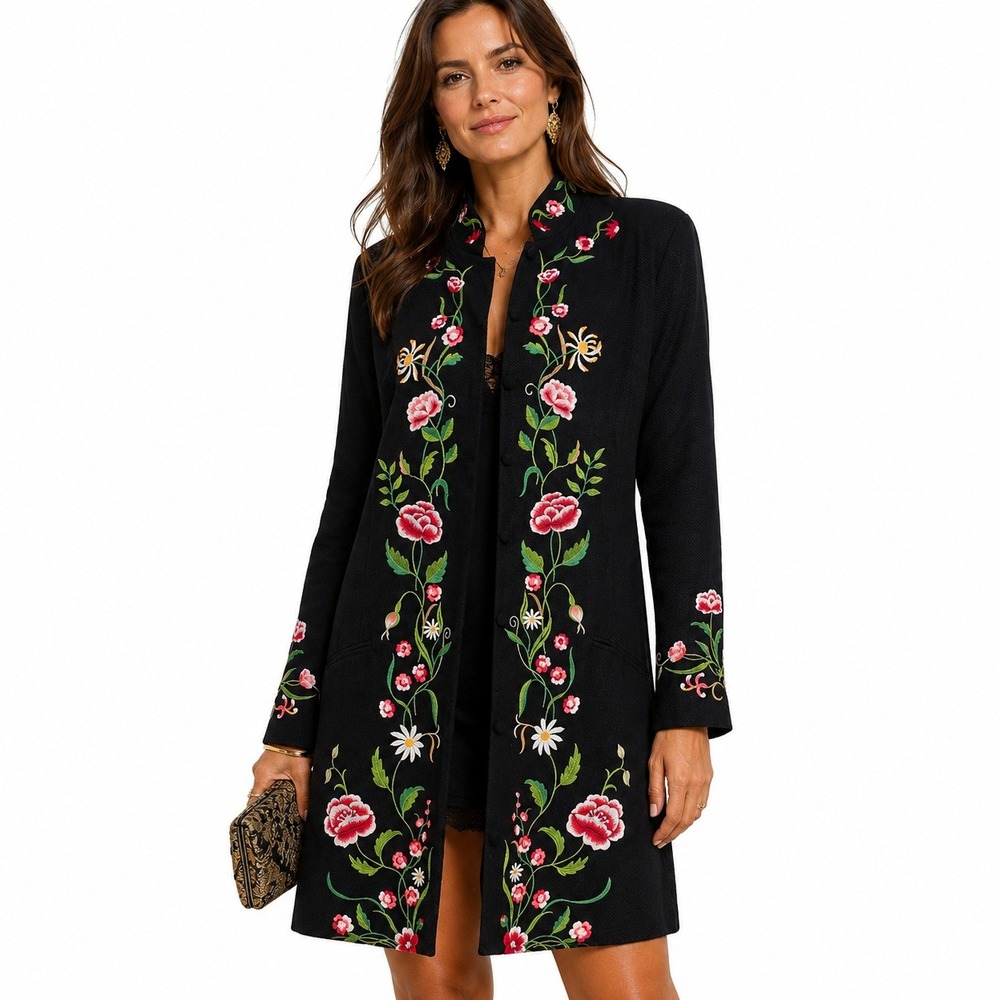 Vintage Victor Costa Embroidered Longline Jacket L Y2K Black Floral Art Boho NWT
